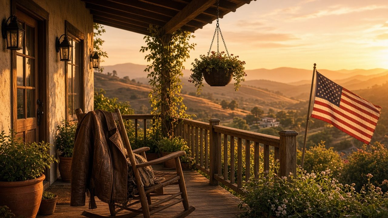 Porch with American flag at golden hour