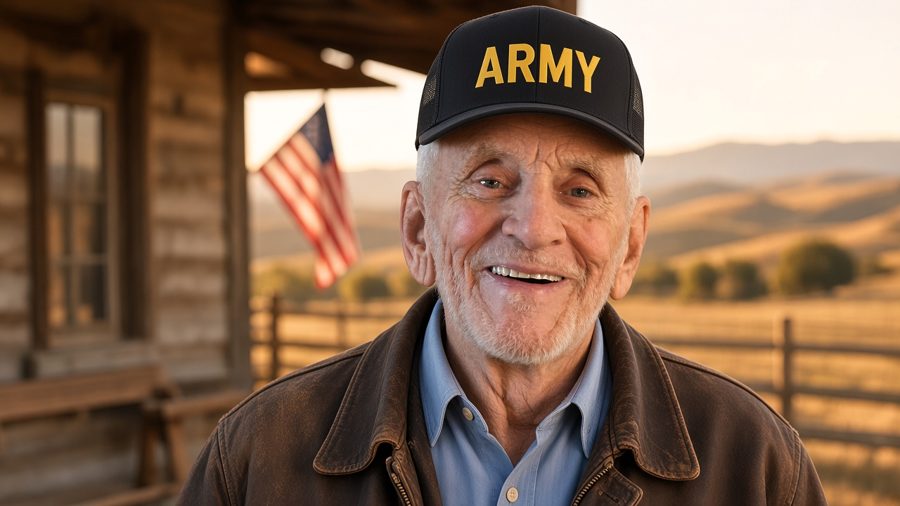 Portrait of David Graham in a black ARMY trucker hat and leather jacket